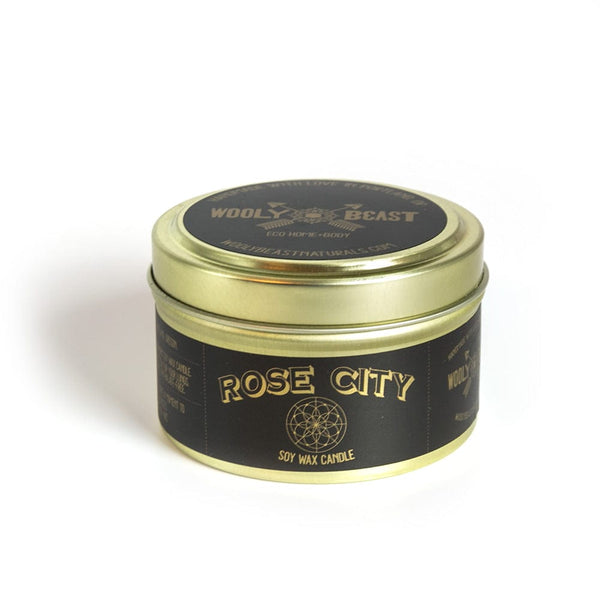 ROSE CITY | Fresh Cut Roses | Soy Candle Candle Wooly Beast Naturals 6oz Gold Tin