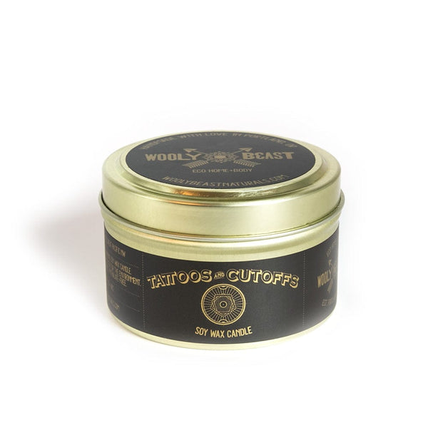 TATTOOS and CUTOFFS | Coconut and Vanilla | Soy Candle Candle Wooly Beast Naturals 6oz Gold Travel Tin