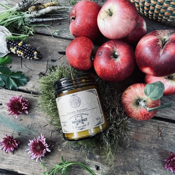 Apple Cinnamon Soy Candle Autumn  Harvest in amber jar with kraft paper label lying on rustic barnwood with apples, corn husk, freshly picked carrots and wildflowers
