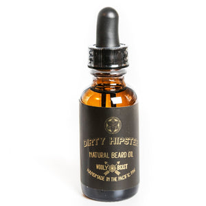 Dirty Hipster Natural Beard Oil in 1oz amber bottle with eye dropper on white background black and gold label has sacred geometry design and says Dirty Hipster natural beard oil wooly beast handmade in the pacific northwest