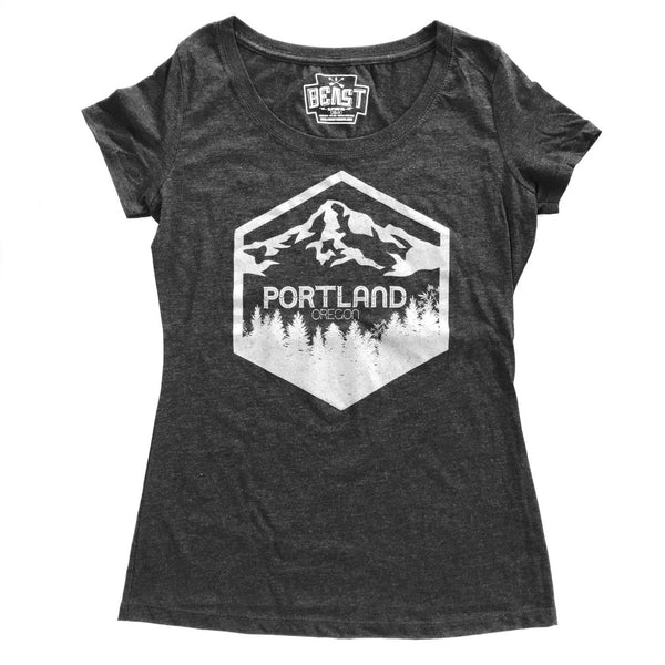 portland oregon womens tee in black on white background hexagon design shows mt hood and douglas fir trees and cannabis plants by wooly beast