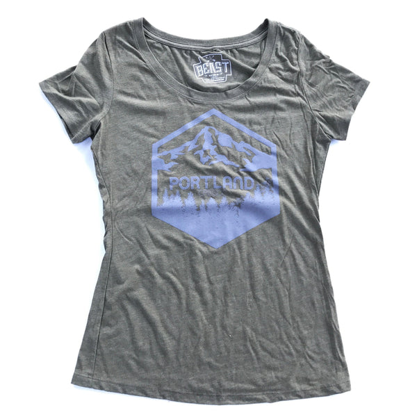 Portland Oregon Mt Hood Women's Tee by Wooly Beast shirts Wooly Beast Naturals S Vintage Green