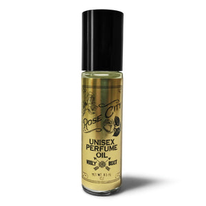 rose city roll on fragrance bottle on white background, black top, black and gold label reads Rose City unisex perfume oil wooly beast logo