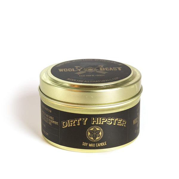 DIRTY HIPSTER Soy Candle | Patchouli, Cedarwood, Tobacco, Bergamot Candle Wooly Beast Naturals 6oz Gold Travel Tin 