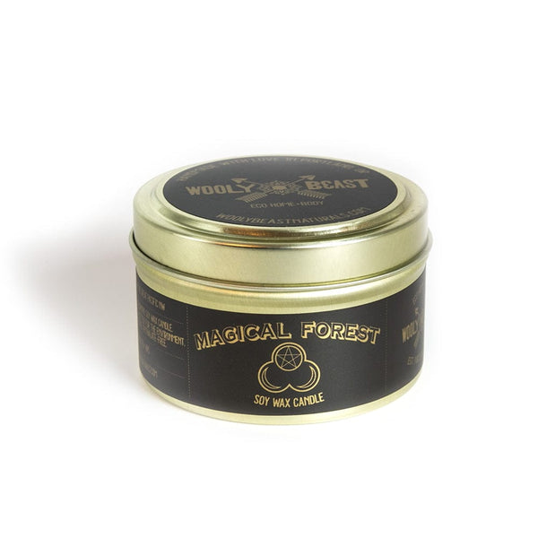 MAGICAL FOREST Soy Candle | Rain, Moss, Woodsy Candle Wooly Beast Naturals 6oz Gold Tin 